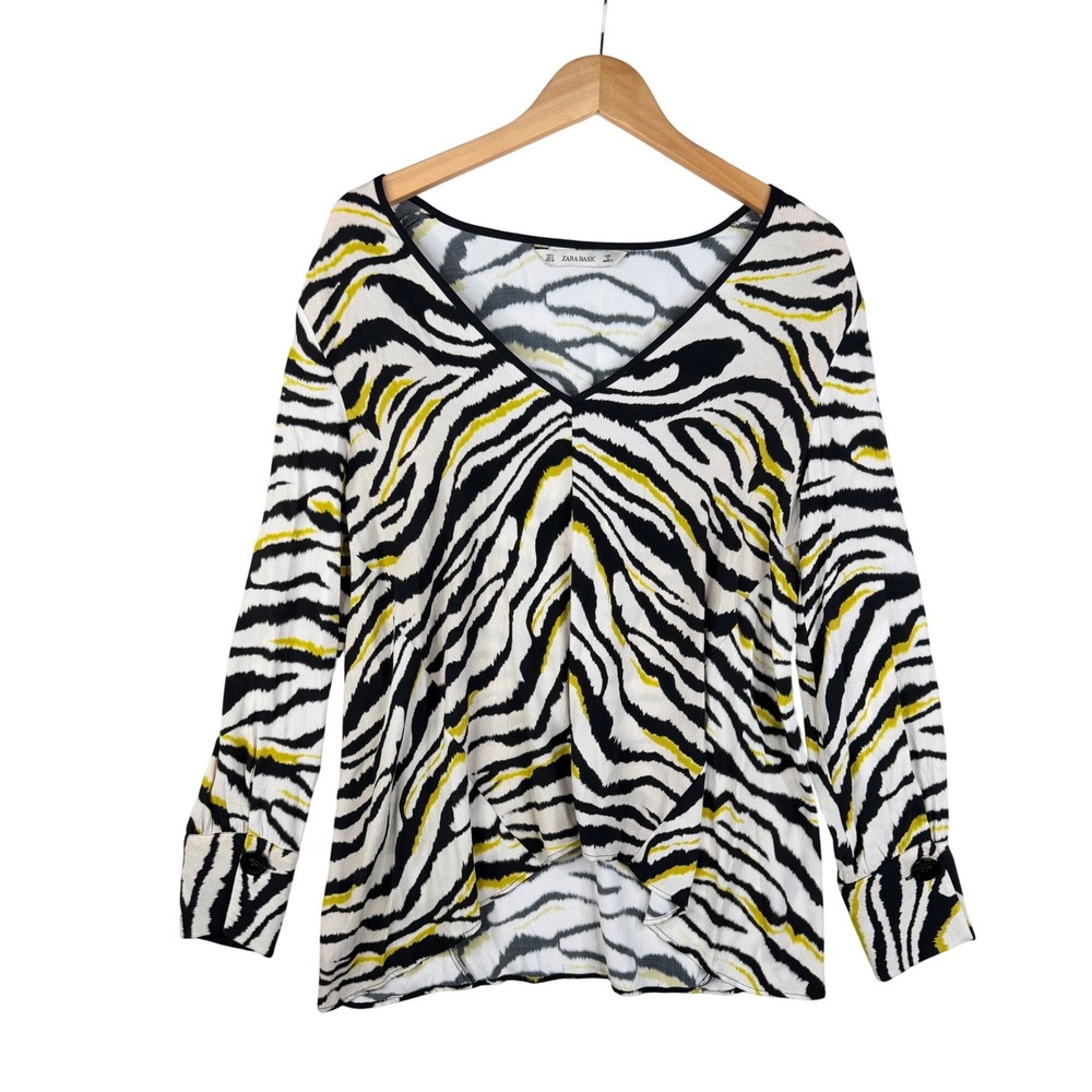 Zara Tiger Print V-neck Long Sleeve Blouse size Small Black/Tan/White